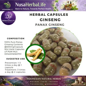 May include: Image of herbal capsules labeled "Ginseng Panax Ginseng" with text indicating 100% pure Panax Ginseng contents. The capsules are in a clear, oblong shape. The image also includes a graphic of ginseng roots and leaves.