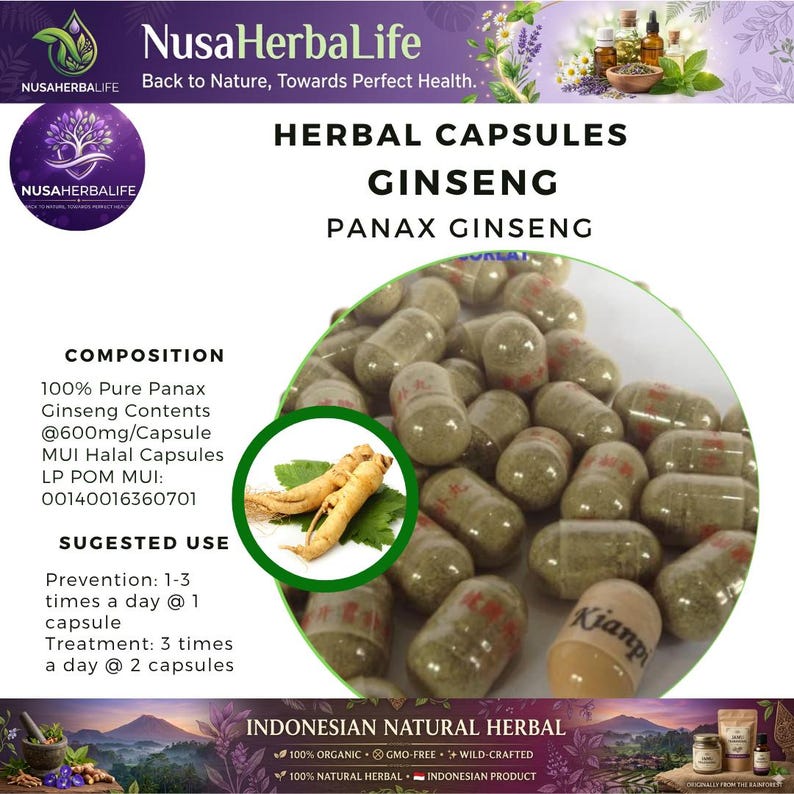 May include: Image of herbal capsules labeled "Ginseng Panax Ginseng" with text indicating 100% pure Panax Ginseng contents. The capsules are in a clear, oblong shape. The image also includes a graphic of ginseng roots and leaves.