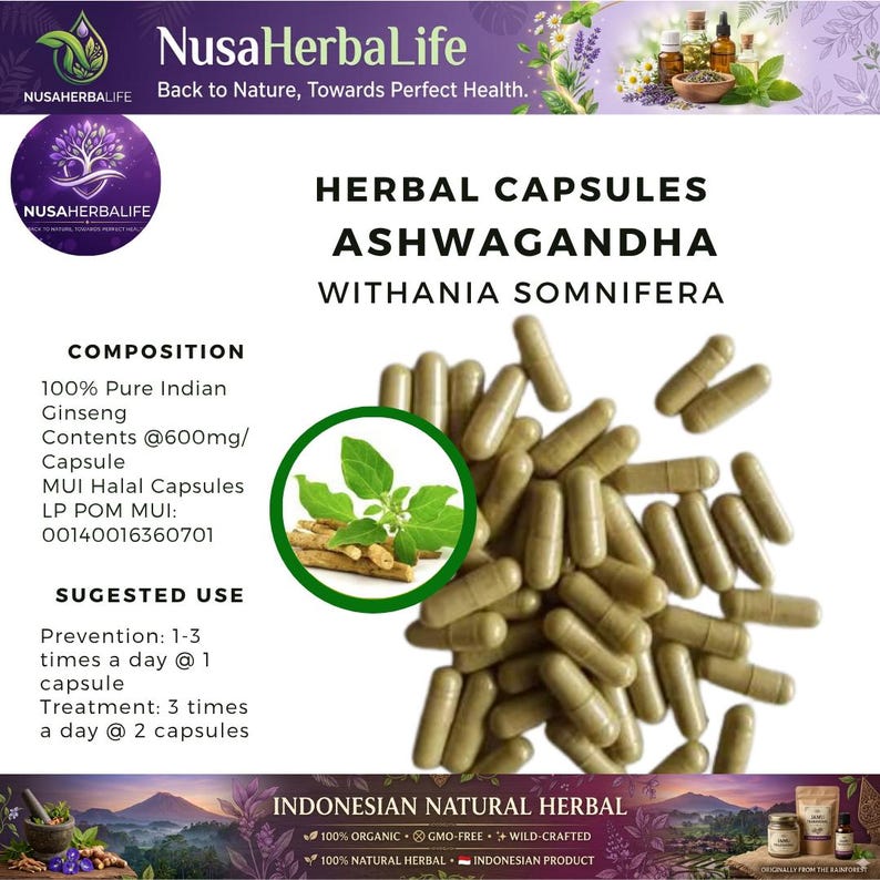 May include: A product image featuring herbal capsules labeled "Ashwagandha Withania Somnifera." The capsules are a light brown color and are displayed with a green and brown illustration of the plant. The text includes "100% Pure Indian Ginseng" and "Indonesian Natural Herbal."