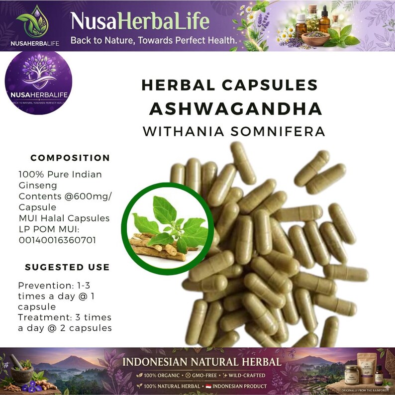 May include: A product image featuring herbal capsules labeled "Ashwagandha Withania Somnifera." The capsules are a light brown color and are displayed with a green and brown illustration of the plant. The text includes "100% Pure Indian Ginseng" and "Indonesian Natural Herbal."