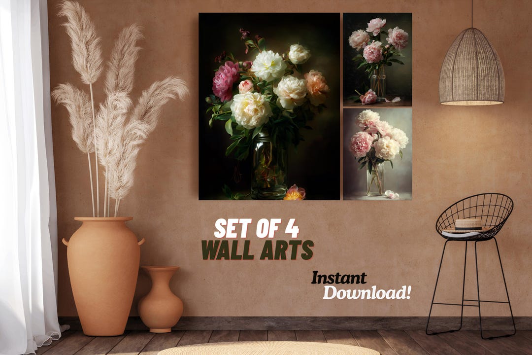 Vintage Peony Oil Painting Wall Art Set, Dark Moody Floral Still Life ...