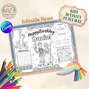 May include: A white kids' activity placemat with a rope border, featuring a "Happy Birthday Daniel" design and cartoon characters. Includes a word search, tic-tac-toe, and a maze. Colored pencils and crayons are visible.