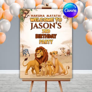 May include: A rectangular birthday party sign featuring a savanna landscape with a lion family, a monkey, a meerkat, and a warthog. The text reads HAKUNA MATATA! WELCOME TO JASON'S 3RD BIRTHDAY PARTY. The sign is displayed on a wooden easel with balloons.