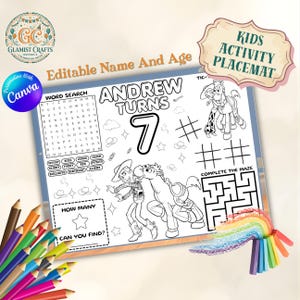 May include: A children's activity placemat with a cowboy theme, featuring a word search, tic-tac-toe, and a maze. The placemat says "Andrew Turns 7". A set of coloured pencils is in the foreground.