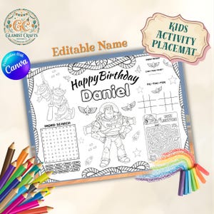May include: A black and white children's activity placemat with the text "Happy Birthday Daniel" and "Kids Activity Placemat". Features a word search, tic-tac-toe, and a maze. Includes images of Buzz Lightyear and aliens.