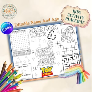 May include: A white kids activity placemat with a Toy Story theme, featuring the text "Brandon Turns 4". It includes a word search, tic-tac-toe, a maze, and areas for colouring. The placemat is designed for personalization.