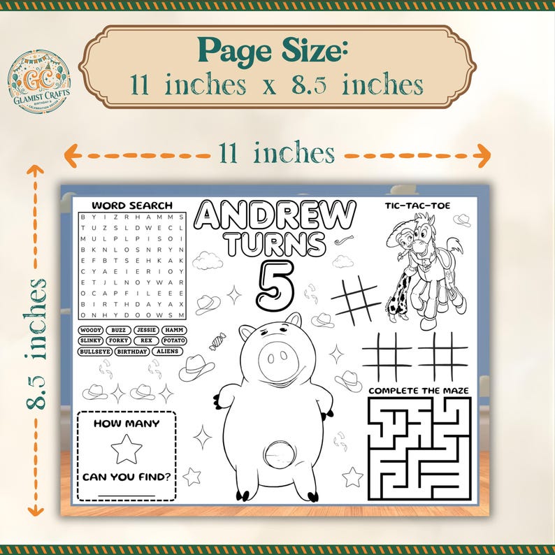 Toy Story Birthday Activity Placemat, Woody Buzz Hamm Coloring Page ...