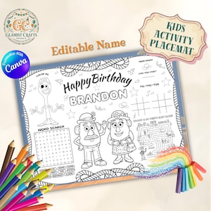 Peut inclure: Un set de table d'activité pour enfants en noir et blanc avec le texte "Happy Birthday Brandon". Le set de table comprend une recherche de mots, un morpion et un labyrinthe. L'image présente également un dessin d'une fourchette et de M. et Mme Patate.