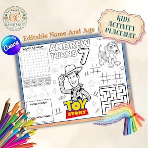 May include: A white kids activity placemat with a Toy Story theme. The placemat features a word search, maze, and Woody character illustration. The text reads "Andrew Turns 7" and "Kids Activity Placemat".