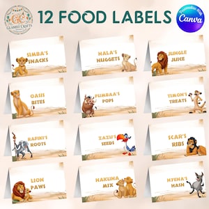 Lion King Editable Food Tents, Printable Kids Birthday Party Labels, Hakuna Matata Decor, Simba Nala Buffet Cards, Jungle Safari Party Favor