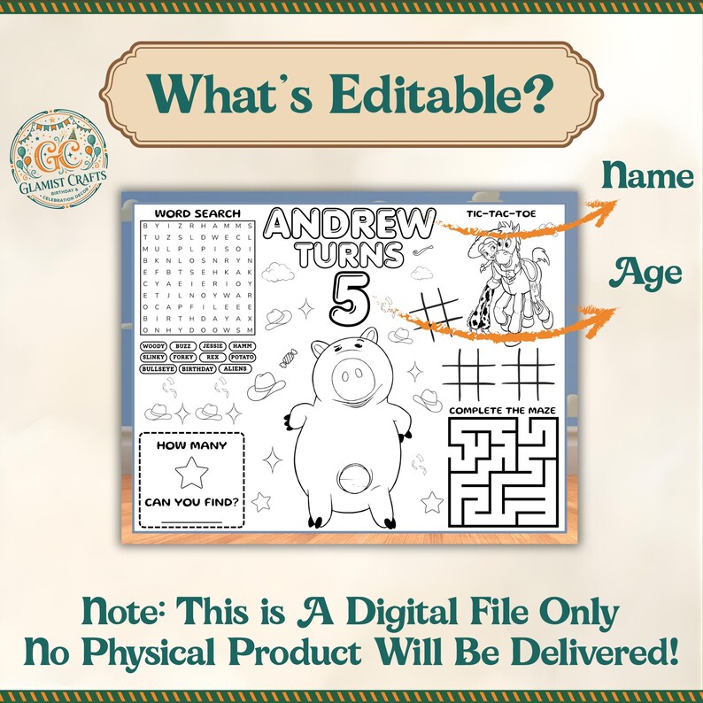 Toy Story Birthday Activity Placemat, Woody Buzz Hamm Coloring Page ...