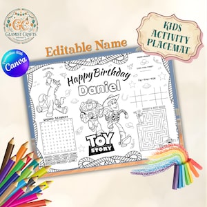 May include: A white children's activity placemat with a "Toy Story" theme, featuring Buzz Lightyear and Woody. The placemat includes a word search, tic-tac-toe, and a maze. The text "Happy Birthday Daniel" is displayed, along with the words "Kids Activity Placemat".