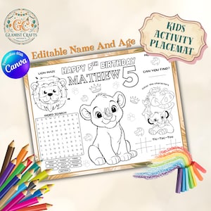 May include: A rectangular kids activity placemat featuring a black and white line art design with a lion cub, a lion maze, a word search, and tic-tac-toe. The text reads Happy 5th Birthday, Mathew, 5, Kids Activity Placemat, and Can You Find.