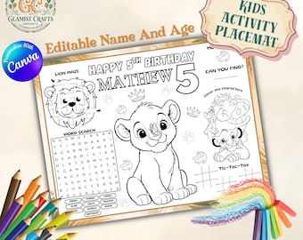 Lion King Birthday Activity Placemat, Editable Simba Coloring Page (Digital Download)