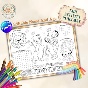Lion King Birthday Activity Placemat, Simba Coloring Page, Safari Theme Party Favor (Digital Download)