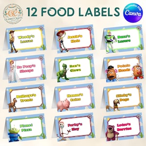 May include: Twelve rectangular folded food labels featuring Toy Story characters and themed text. Each label has a light blue background with clouds, cacti, and a wagon wheel. Characters include Woody, Jessie, Buzz, Bo Peep, Rex, Potato Heads, Bullseye, Hamm, Slinky, Alien, Forky, and Lotso.