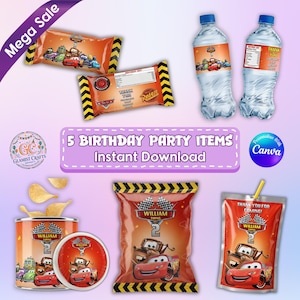 May include: A set of printable birthday party items featuring a red and orange race car theme. Includes labels for water bottles, snack bags, and juice pouches, all decorated with cartoon race cars, checkered flags, and the text William Turns 2.