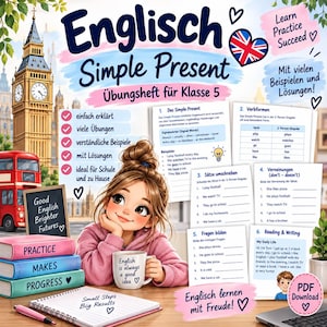May include: An educational workbook titled Englisch Simple Present Übungsheft für Klasse 5, featuring a cartoon character, a mug with text, stacked books labeled Practice Makes Progress, a notebook, and worksheets on English grammar rules.