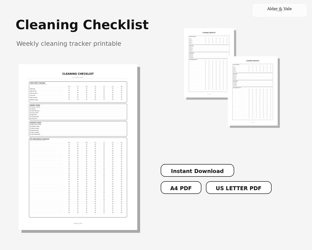 Cleaning Checklist Printable | Daily Weekly Monthly Cleaning Tracker ...