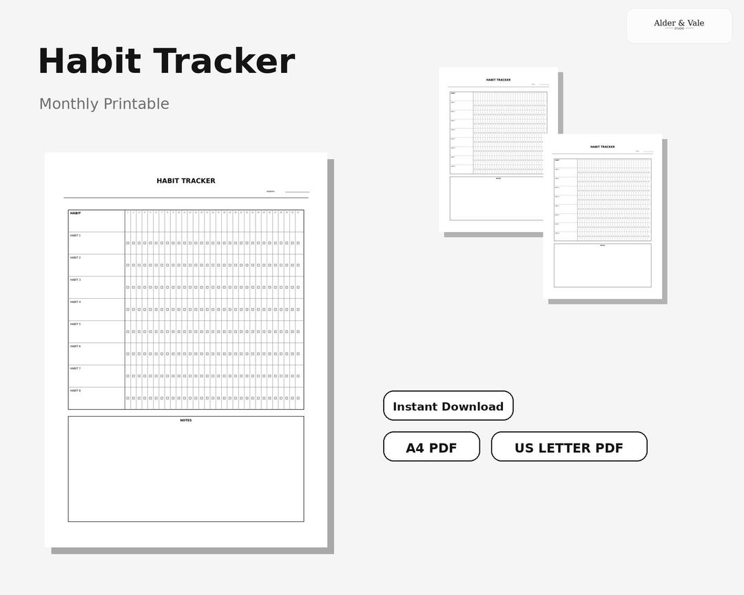 Habit Tracker Printable | Minimal Monthly Tracker PDF | A4 US Letter ...