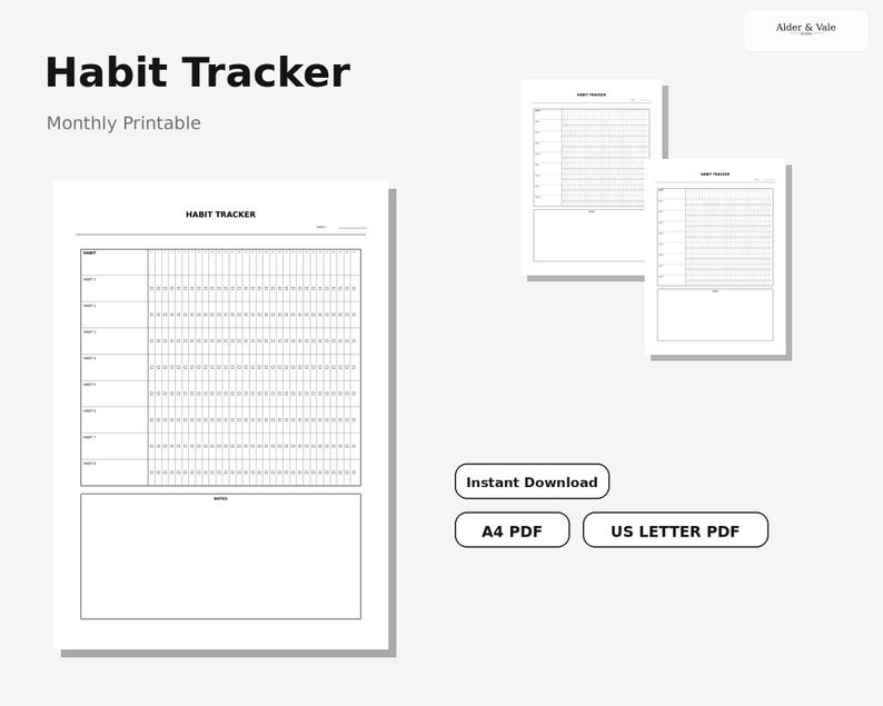 Habit Tracker Printable | Minimal Monthly Tracker PDF | A4 US Letter ...