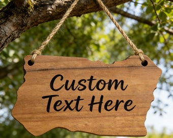 Letrero de madera personalizado para colgar en la puerta, placa de bienvenida personalizada, colgador de puerta rústico de estilo granja, letrero de madera irregular, texto y fuente personalizados.