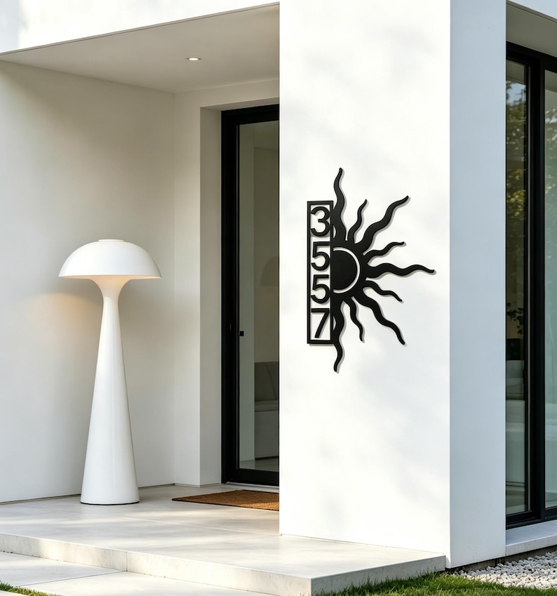 Sunburst Metal Address Sign, Modern House Number Plaque, Artistic ...