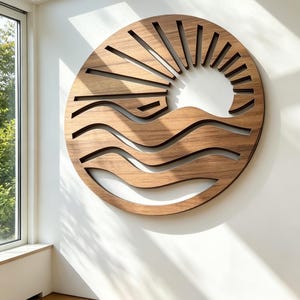 Decoración de pared estilo boho con sol y olas / Arte minimalista costero en madera, letrero rústico de sol para pared, decoración moderna de estilo granja para exteriores
