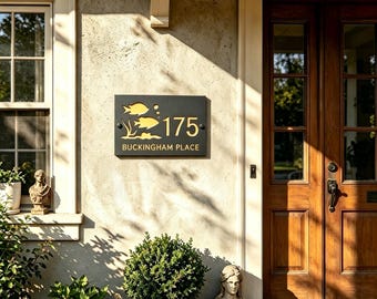 Letrero de dirección moderno de metal con parte trasera de acrílico espejado – Placa personalizada para número de casa, letrero minimalista para pared exterior, decoración contemporánea para el hogar