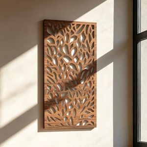 Abstract Leaf Cutout Wall Panel, Walnut Tone Laser Cut Wall Art, Minimalist Vertical Leaf Wall Hanging, Modern Decor Screen Accent