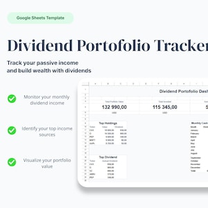 Op de afbeelding: Een digitale spreadsheet sjabloon getiteld "Dividend Portfolio Tracker" met de tekst "Volg uw passieve inkomsten en bouw vermogen op met dividenden". De spreadsheet toont financiële gegevens, waaronder portefeuillewaarde.