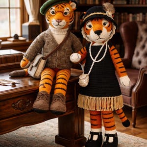 Puede incluir: Dos muñecos de tigre hechos a mano con ganchillo. Un muñeco lleva boina verde, jersey y bandolera. El otro muñeco lleva vestido negro, sombrero y collar de perlas. Ambos muñecos tienen piernas a rayas naranjas y negras y están en una habitación con biblioteca.