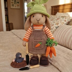 Pode incluir: Um boneco de coelho tricotado com um chapéu verde em forma de folha, uma camisola às riscas cor de laranja e branca e jardineiras castanhas com um remendo de cenoura. O coelho segura um molho de cenouras tricotadas, uma toupeira e duas ferramentas.