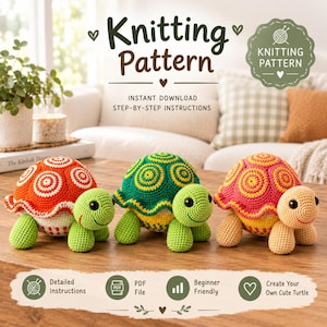 Puede incluir: Un patrón de tejido digital para tres tortugas tejidas a ganchillo en naranja, verde y rosa. El texto dice Knitting Pattern, Instant Download, Step-by-Step Instructions, Detailed Instructions, PDF File, Beginner Friendly, Create Your Own Cute Turtle.