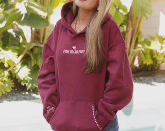 Felpa con cappuccio oversize Pink Palm Puff / Felpa streetwear foderata in pile color bordeaux