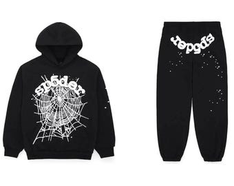 Chándal negro Sp5der Worldwide / Conjunto de sudadera con capucha y pantalón deportivo con estampado de telaraña / Ropa urbana Young Thug