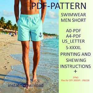 Puede incluir: Pantalones cortos de baño azul claro con cordón blanco y un emblema de ancla. Los pantalones cortos forman parte de un patrón PDF para trajes de baño. La imagen también incluye el texto "PDF-PATTERN SWIMWEAR MEN SHORT" y "instant download".