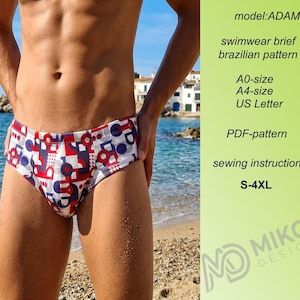May include: Swimwear brief with a Brazilian pattern. The briefs are white with a red, blue, and gray geometric design. The image includes the text "model: ADAM", "PDF-pattern", and "sewing instructions". Sizes available are S-4XL.