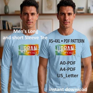 Peut inclure: Un t-shirt bleu clair à manches longues et courtes avec un imprimé graphique affichant le texte URBAN STYLE sur un fond de coups de pinceau colorés. L'image contient le texte : Men's Long and short Sleeve Tee, XS-4XL, PDF PATTERN, A0-PDF, A4-PDF, US_Letter, instant download.