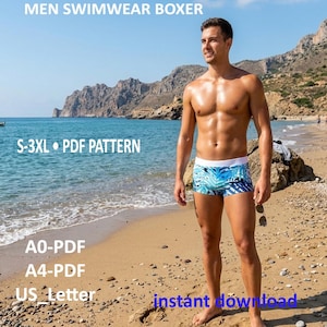 Naaipatroon zwembroek heren, pdf zwemboxerpatroon, zwemshort heren pdf, naaipatroon badpak, S-3XL