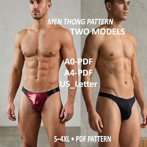 May include: Image of two men modeling thong underwear. One thong is a metallic burgundy color with black trim, and the other is black. Text on the image reads "MEN THONG PATTERN TWO MODELS" and "S-4XL PDF PATTERN".