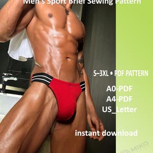 May include: A red sport brief with black and white striped side bands. The text on the image reads: Men's Sport Brief Sewing Pattern, S-3XL PDF PATTERN, A0-PDF, A4-PDF, US_Letter, instant download, and MIKO DESIGN.