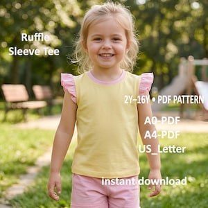 May include: A yellow t-shirt with pink ruffle sleeves and matching pink shorts. The text on the image reads: Ruffle Sleeve Tee, 2Y-16Y PDF PATTERN, A0-PDF, A4-PDF, US_Letter, instant download. This is a digital sewing pattern for a garment set.