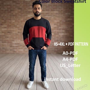 May include: A colour block sweatshirt featuring a black and red design with long sleeves and a crew neckline. The text reads Color Block Sweatshirt, XS-4XL PDF PATTERN, A0-PDF, A4-PDF, US_Letter, and instant download. The garment is paired with blue jeans.