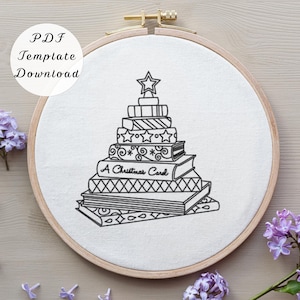 Modèle de broderie d'un sapin de Noël en livres, broderie à la main PDF, broderie DIY sur le thème des livres, broderie festive sur tambour, motif de décoration de Noël