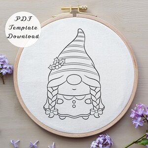 Christmas Gnome Girl Hand Embroidery Pattern, Cute Winter Tomte Line Art PDF Download, Festive Holiday Braid Outline Hoop Design