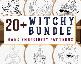 May include: A collection of six circular wooden embroidery hoops featuring white fabric with black line art designs including a witch hat, moon phases, crystals, a cauldron, a candle, and an eye. Text reads 20+ WITCHY BUNDLE HAND EMBROIDERY PATTERNS.