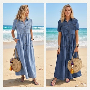 May include: Two denim maxi dresses with short sleeves, button-down fronts, and tiered skirts are shown. Each dress is paired with a straw tote bag and sandals. The dresses are in light and dark blue denim, perfect for a beach day.