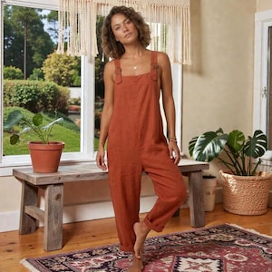 Boho Linen Jumpsuit Women, Relaxed Fit Adjustable Strap Overalls, Summer Romper Wide Leg Linen Overall, Casual Vacation Outfit Gift for Her