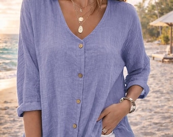 Camicetta boho con scollo a V e bottoni • Top estivo leggero a maniche a 3/4